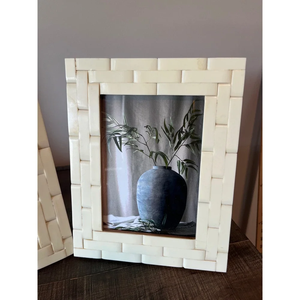 Set of 2 Bone and Resin 5x7 Picture Frames Cream Basketweave Handmade India